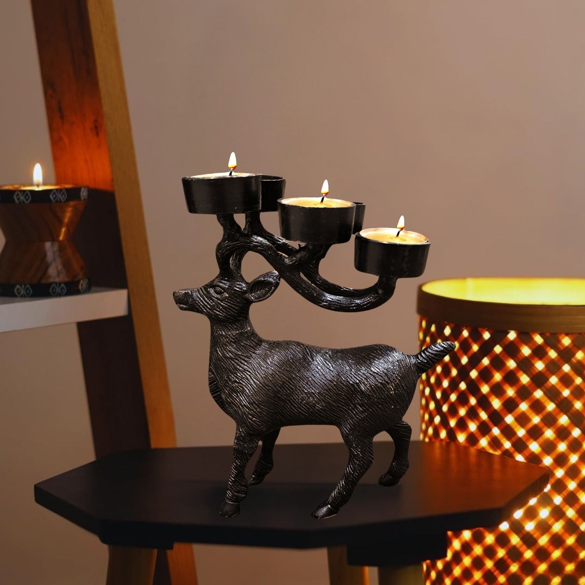 Black Metallic Deer Metal Showpiece Elegant Decorative Animal Figurine 7x2.5x9.7 in Unique Modern Home Décor Accent for Living Room Office or Shelf Display