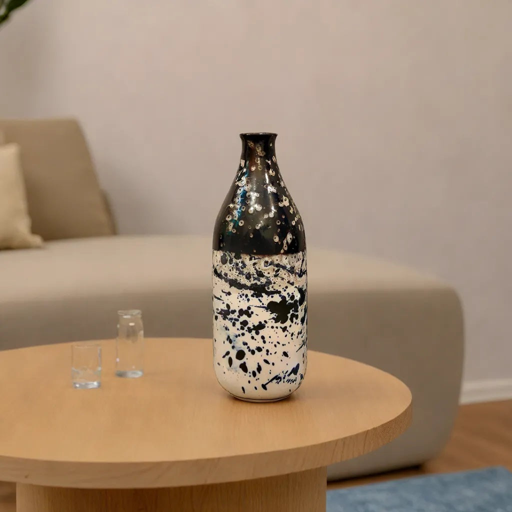 Blue and Black Ceramic Bottle Vase Decorative Bottle Shape Vase 10cm Diameter 26.5cm Height – Modern Home Décor for Flowers Plants or Accent Piece