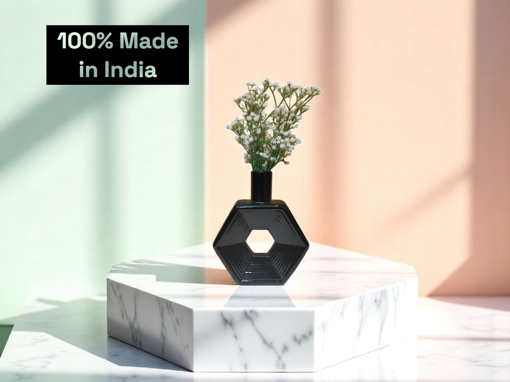 Black Hexagon Ceramic Vase – 8 x 2.5 x 10 in Modern Hexagonal Shape Sleek Black Ceramic Vase for Home Decor Decorative Flower Vase Elegant Gift Idea