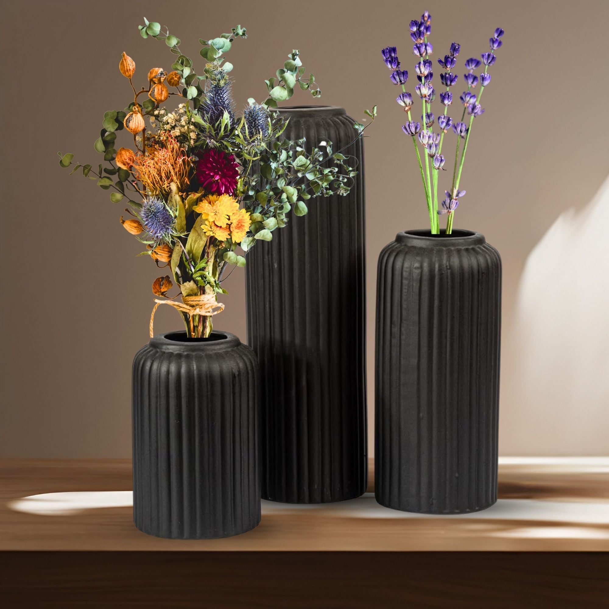 Black Ribbed Ceramic Vase Set of 3 Elegant Modern Decorative Vases for Flowers Succulents and Home Décor  Sleek Matte Finish Ideal for Living Room Office and Shelf Display
