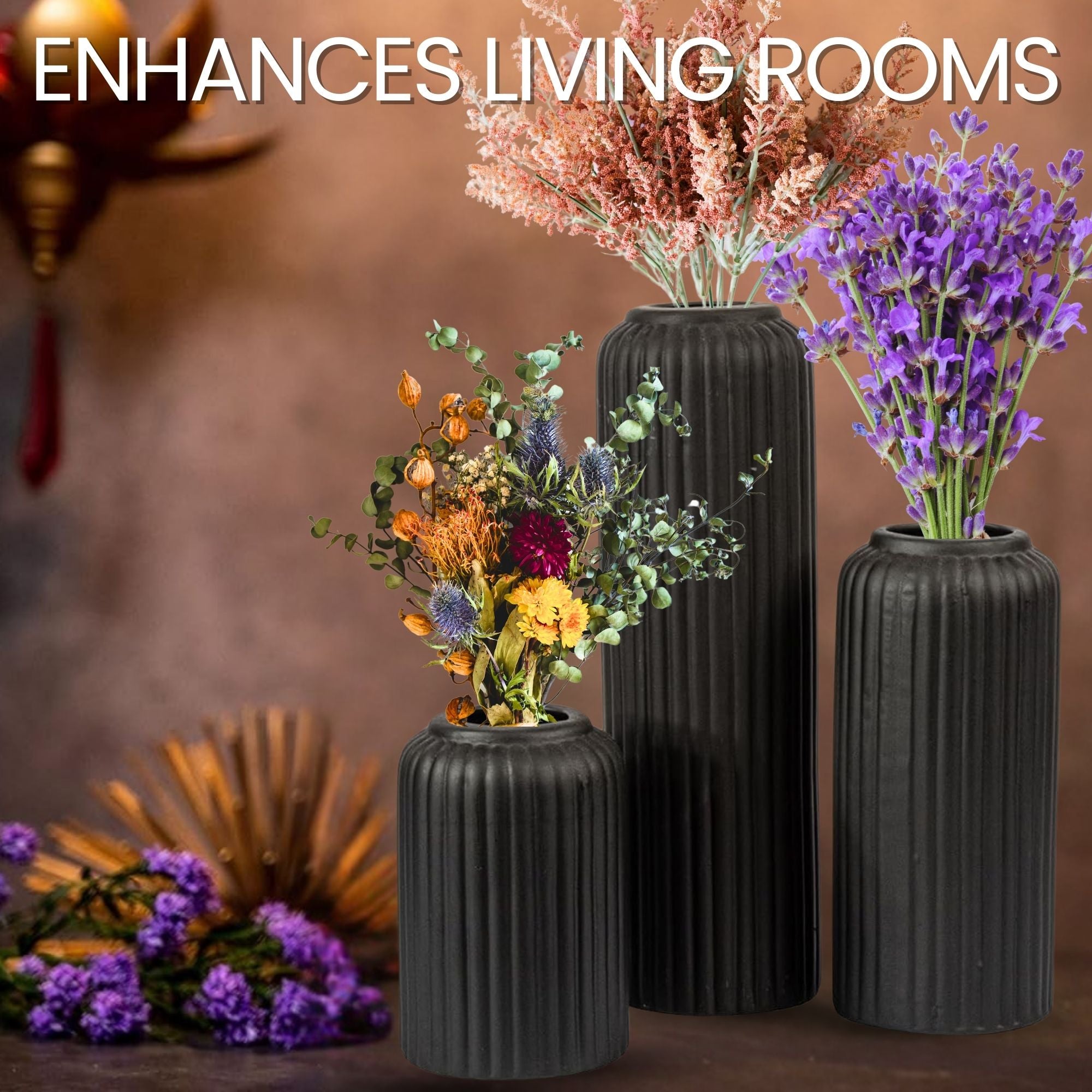 Black Ribbed Ceramic Vase Set of 3 Elegant Modern Decorative Vases for Flowers Succulents and Home Décor  Sleek Matte Finish Ideal for Living Room Office and Shelf Display