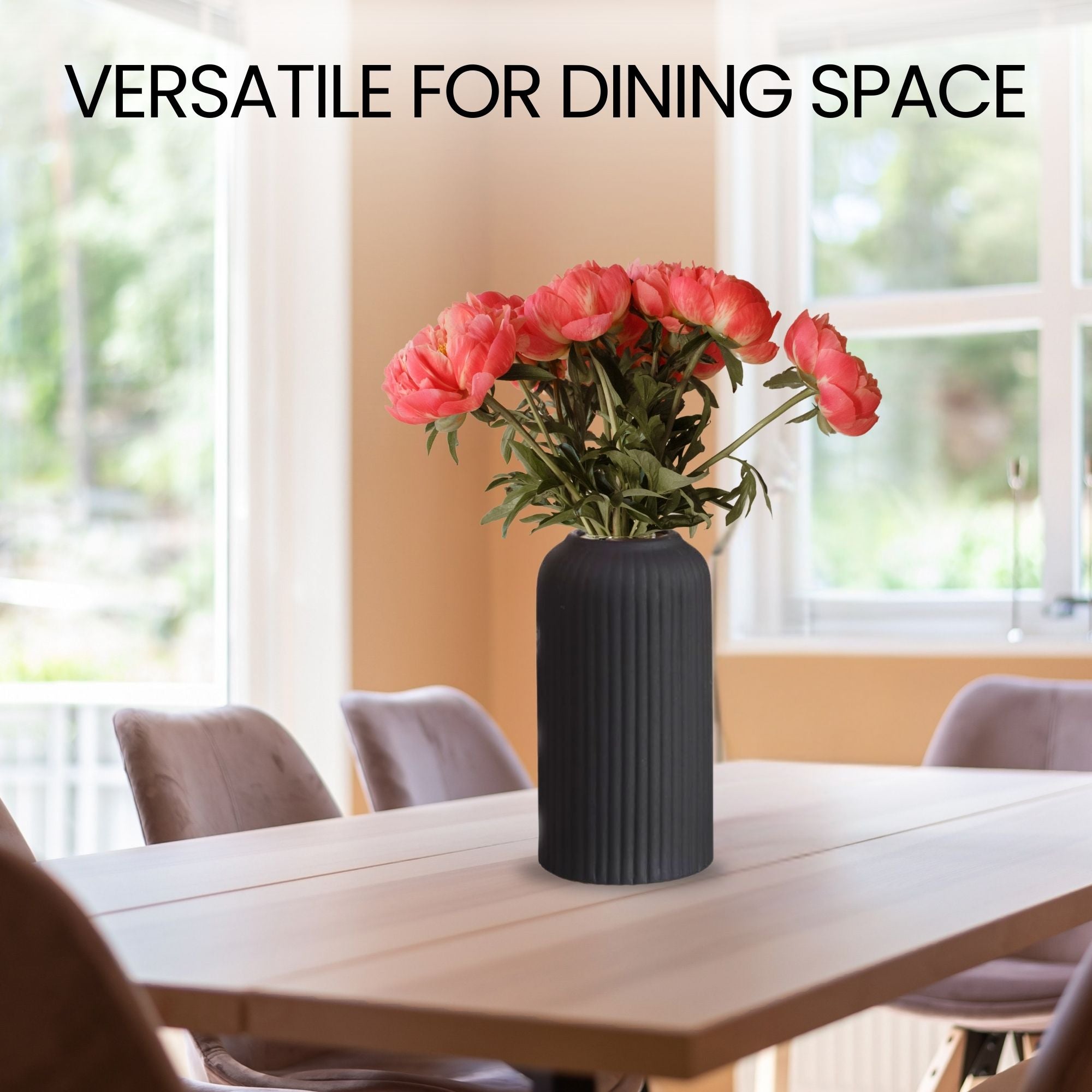 Black Ribbed Ceramic Vase Set of 3 Elegant Modern Decorative Vases for Flowers Succulents and Home Décor  Sleek Matte Finish Ideal for Living Room Office and Shelf Display