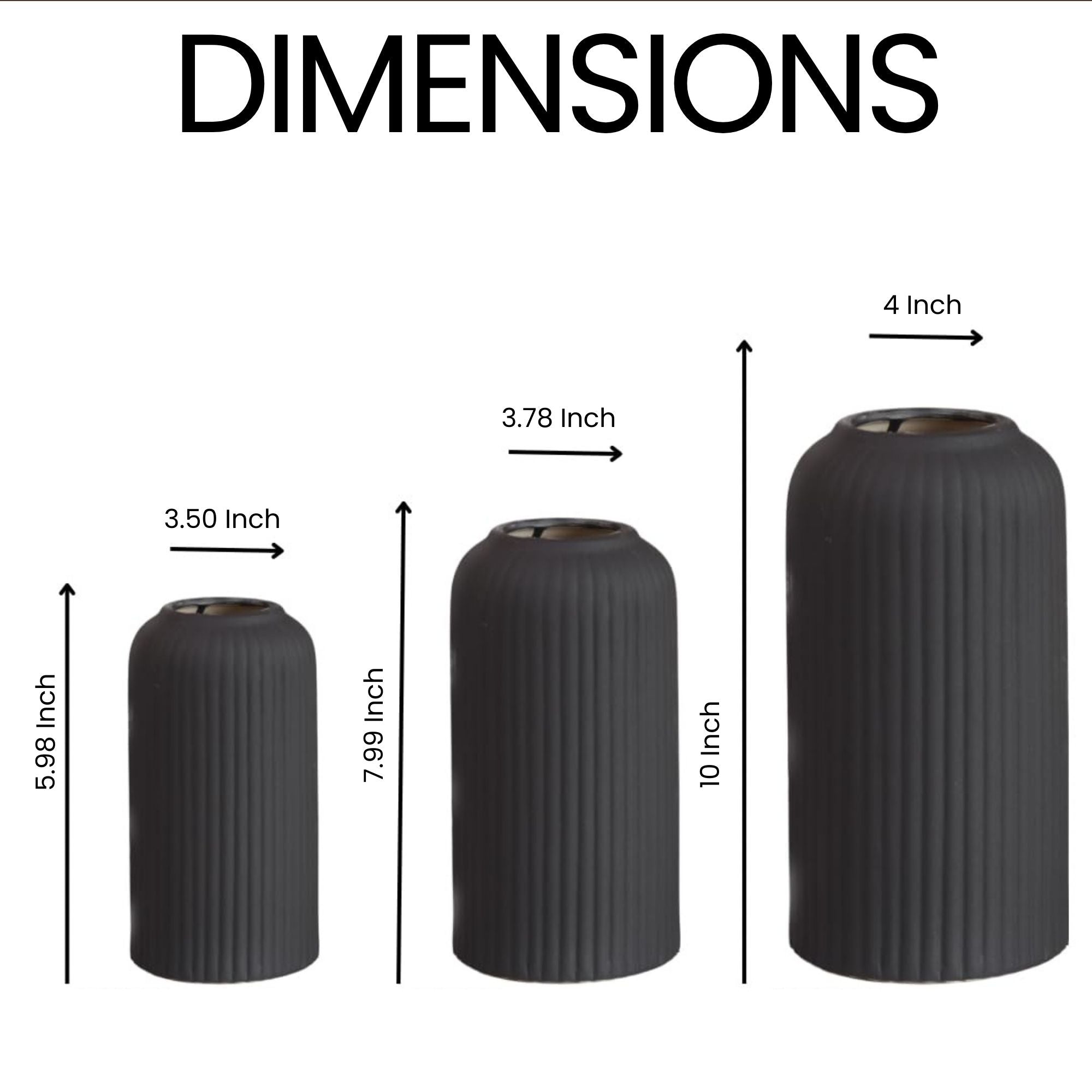 Black Ribbed Ceramic Vase Set of 3 Elegant Modern Decorative Vases for Flowers Succulents and Home Décor  Sleek Matte Finish Ideal for Living Room Office and Shelf Display