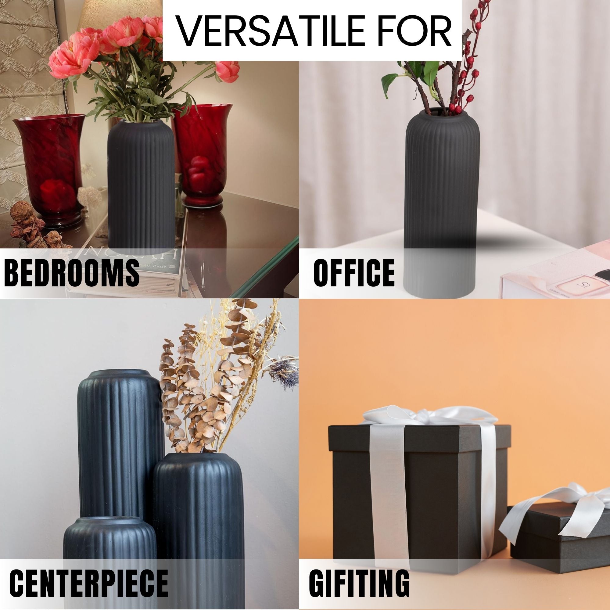 Black Ribbed Ceramic Vase Set of 3 Elegant Modern Decorative Vases for Flowers Succulents and Home Décor  Sleek Matte Finish Ideal for Living Room Office and Shelf Display