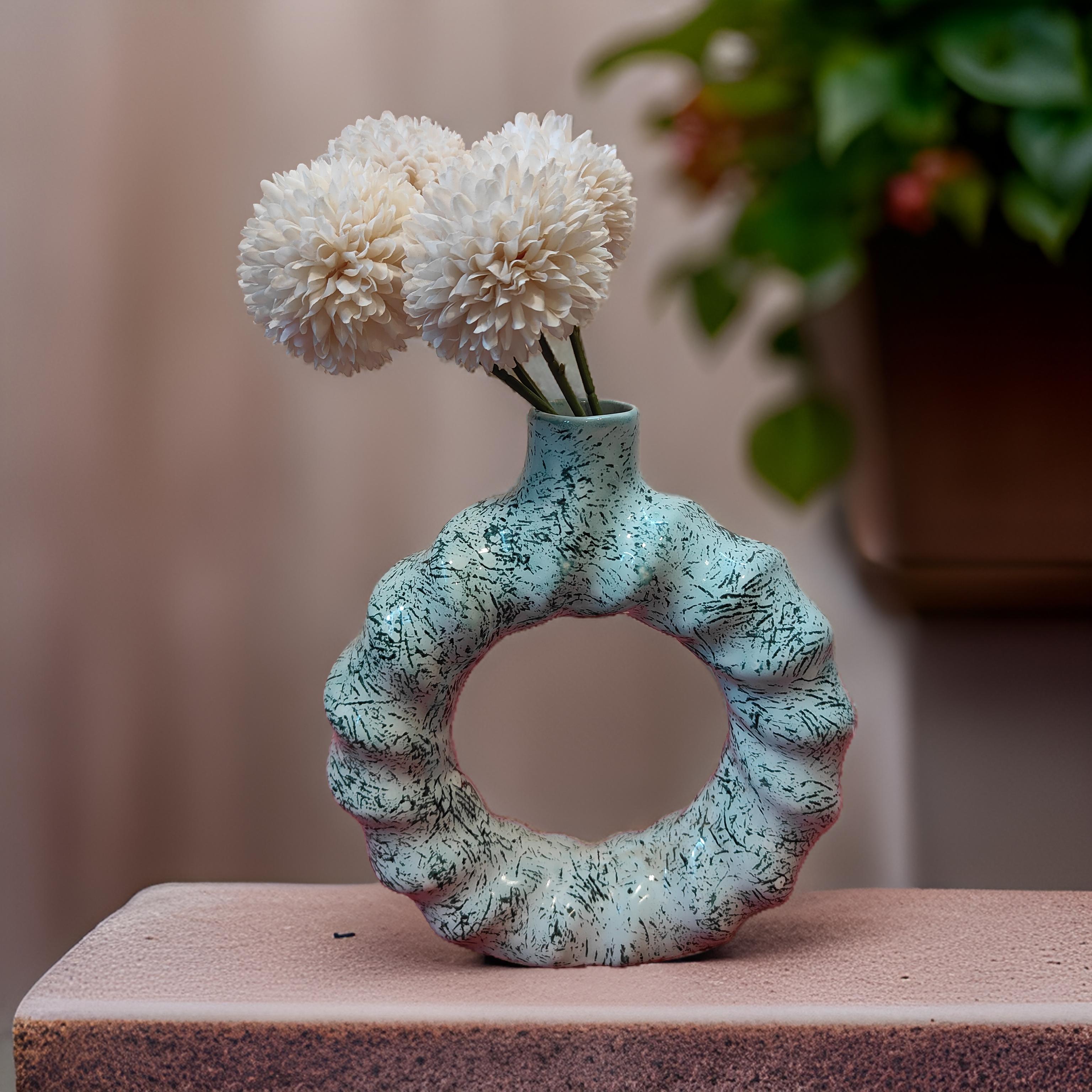 Green Spiral Design Donut Vase 7.5 x 2.2 x 8.2 in Ceramic Decorative Vase with Unique Spiral Pattern Ideal for Fresh or Artificial Flowers Home Decor Accent Piece