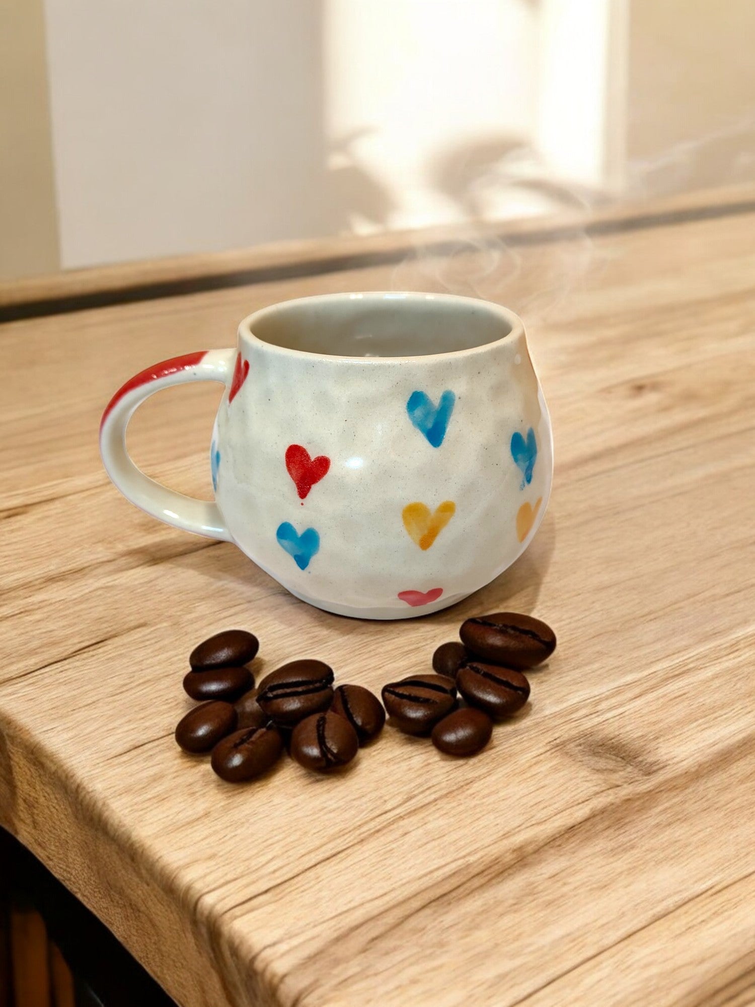 Round Multicolor Hearts Mug Ceramic Coffee/Tea Mug Colorful Heart Print Textured Round Design Gift for Women Girls Valentine Birthday Anniversary