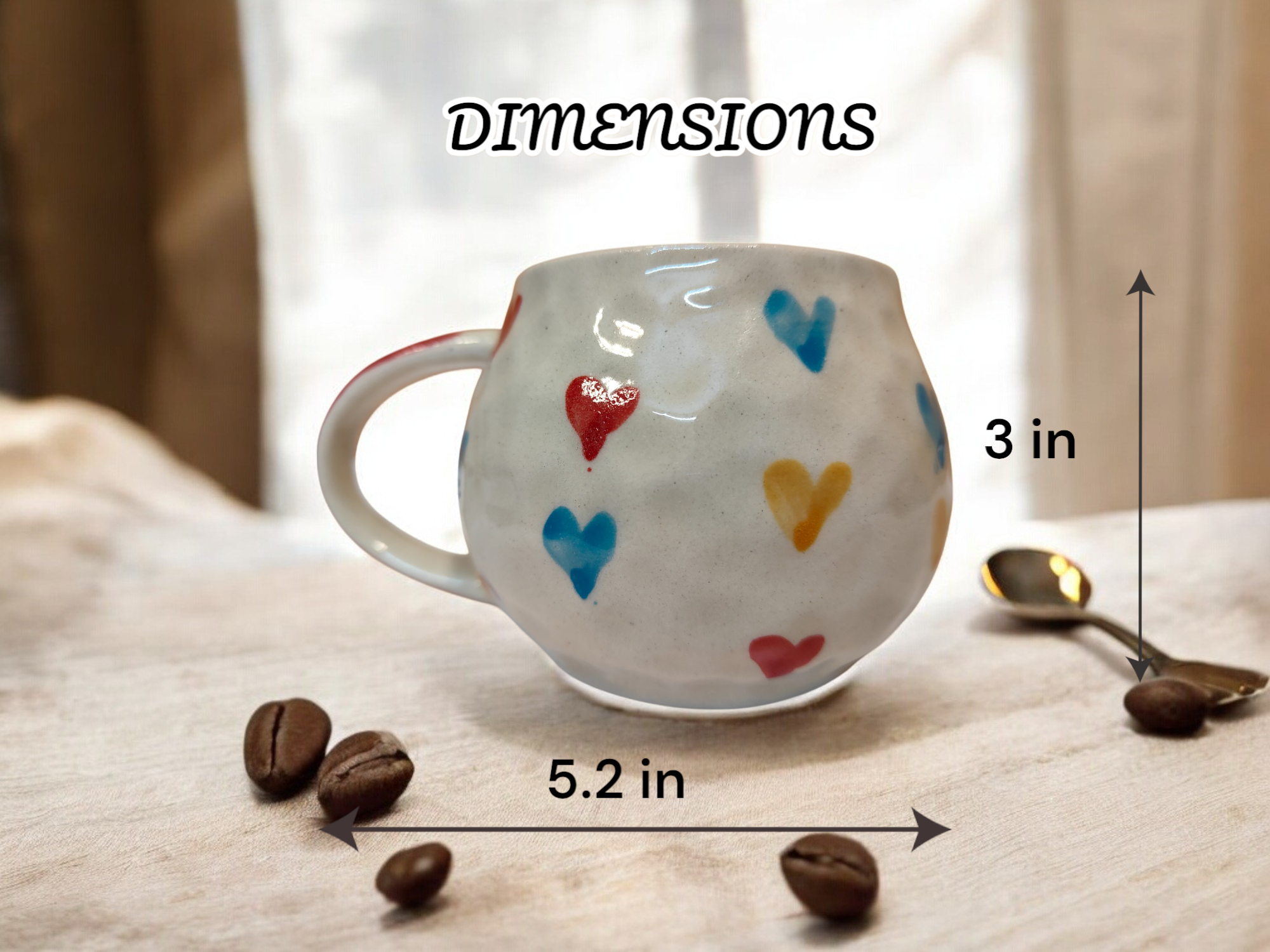 Round Multicolor Hearts Mug Ceramic Coffee/Tea Mug Colorful Heart Print Textured Round Design Gift for Women Girls Valentine Birthday Anniversary