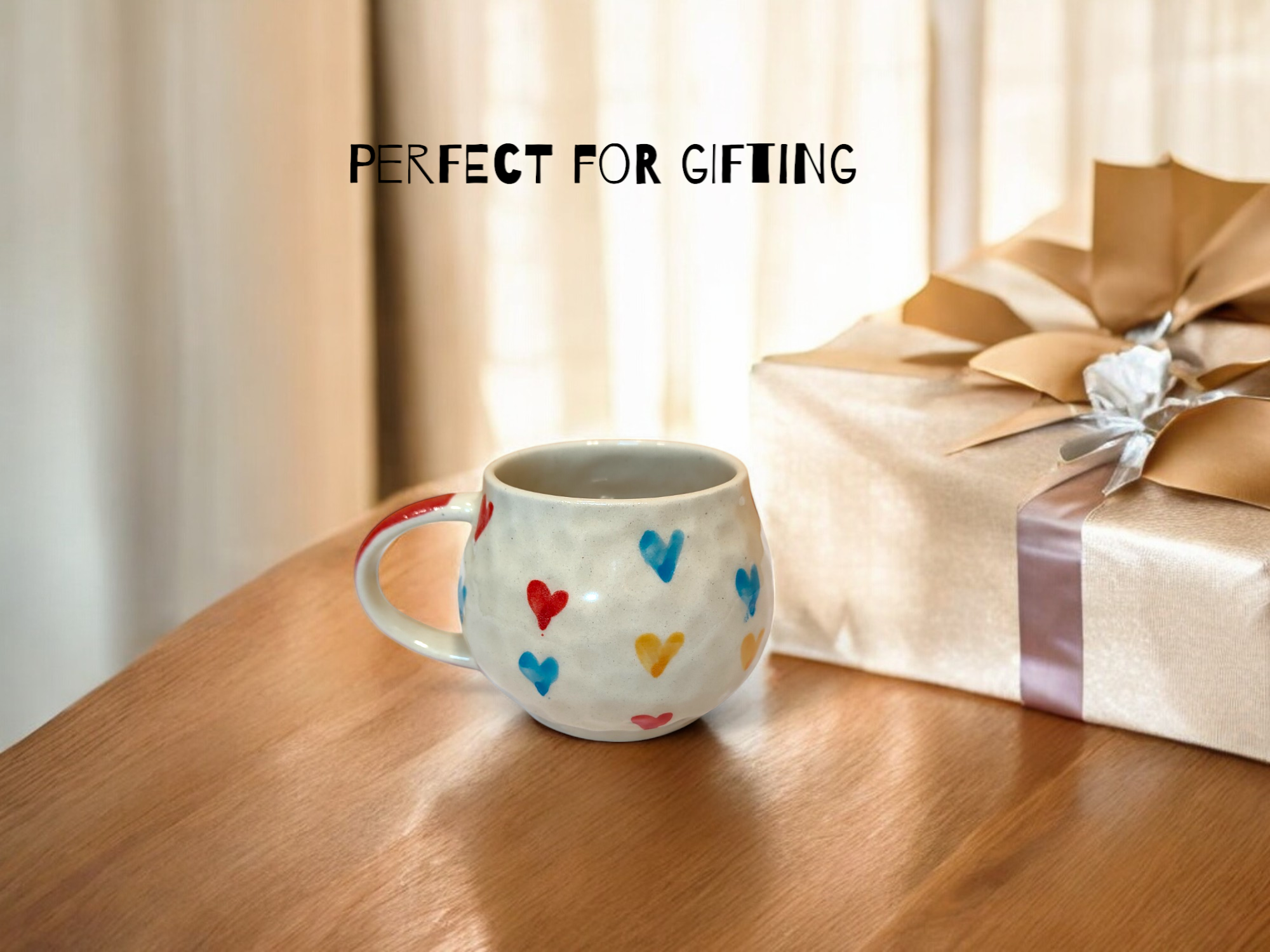 Round Multicolor Hearts Mug Ceramic Coffee/Tea Mug Colorful Heart Print Textured Round Design Gift for Women Girls Valentine Birthday Anniversary