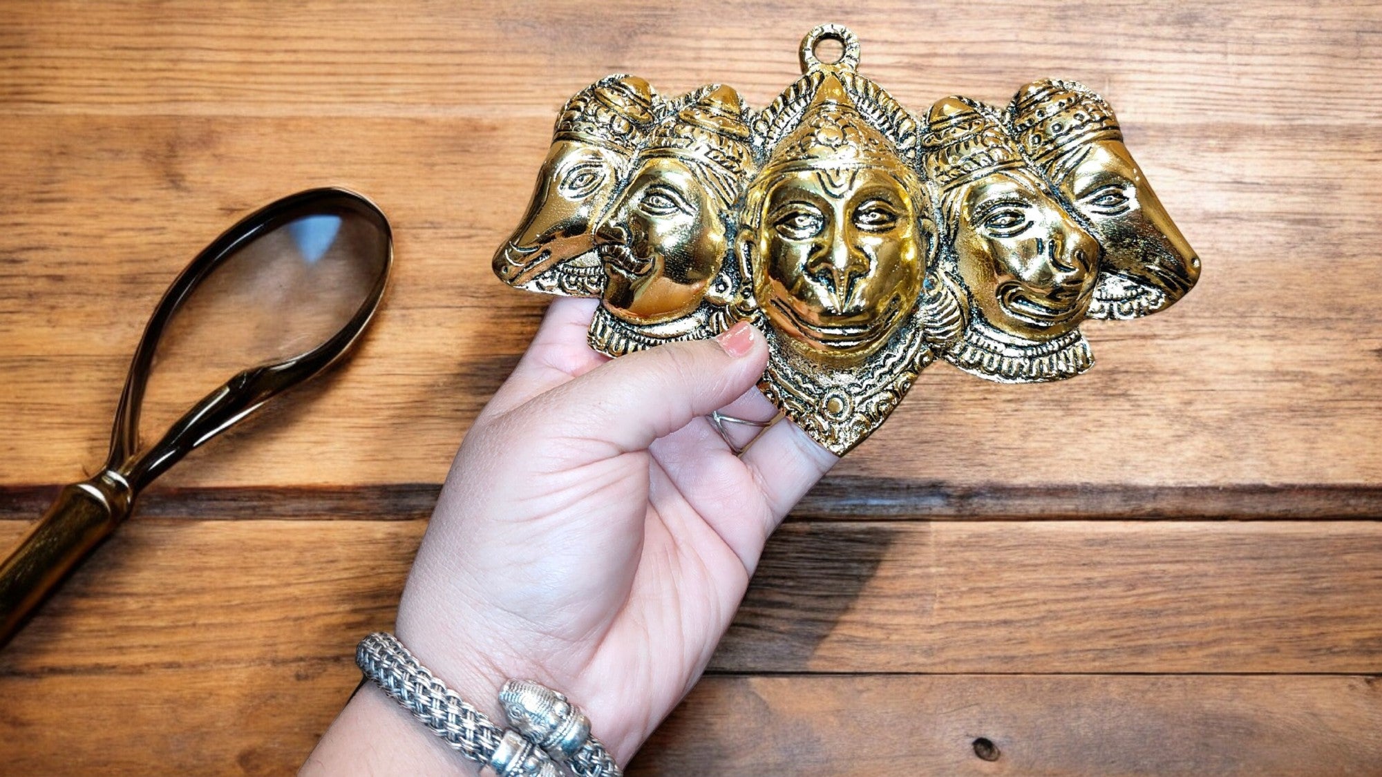 Panchmukhi Hanuman Ji Brass Showpiece 7 x 1.5 x 4.5 in  Golden Hanuman Statue for Home Decor Protection from Evil Eyes Spiritual and Decorative Religious Figurine