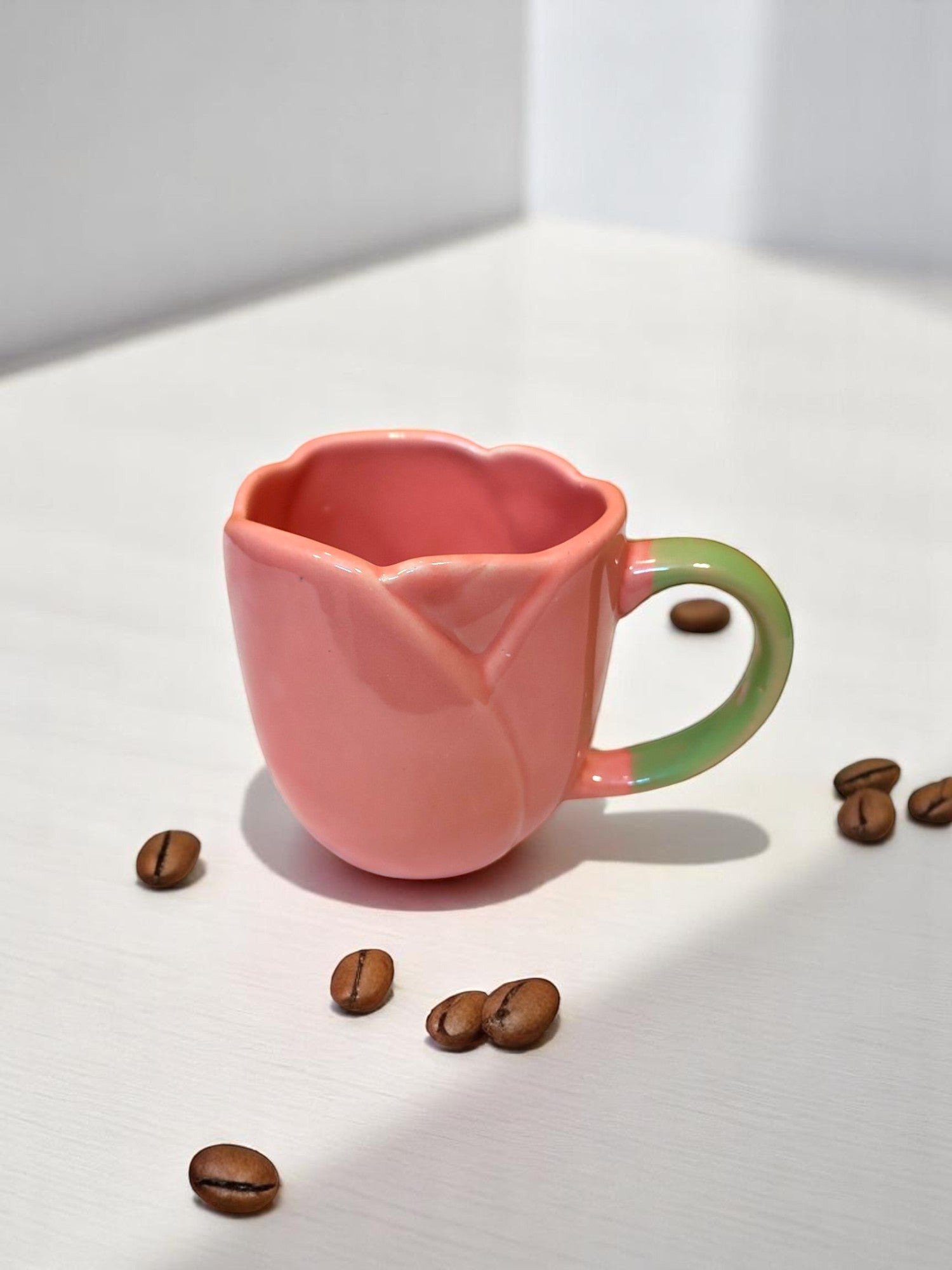 Pink Tulip Ceramic Mug Coffee/Tea Mug with Pink and Green Handle Unique Tulip Flower Shape Gift for Women Girls Mother’s Day Birthday Valentine’s Day
