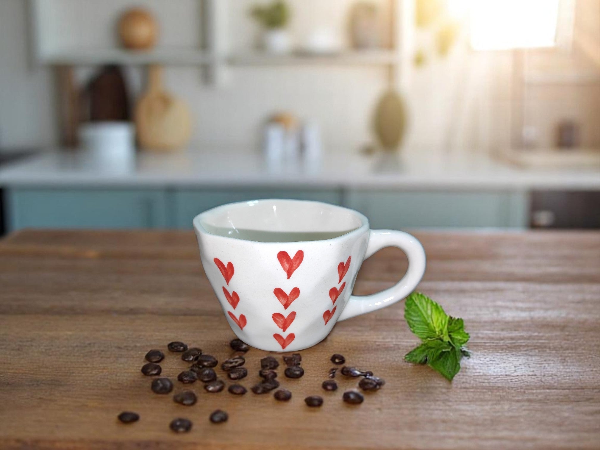 Red Heart Printed Ceramic Mug Coffee/Tea Mug White Textured Finish with Red Hearts Romantic Gift for Women Girls Valentine Anniversary Birthday