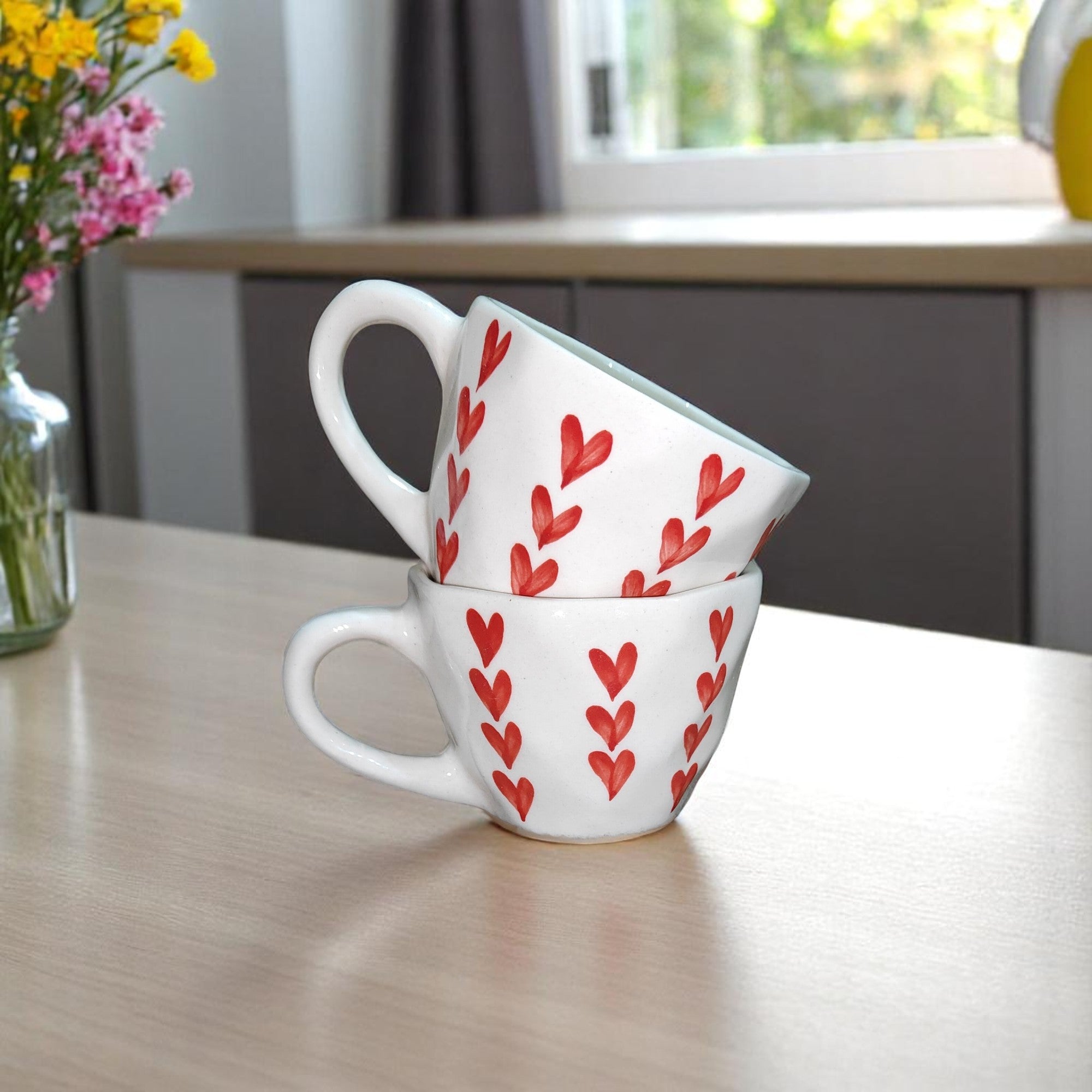 Red Heart Printed Ceramic Mug Coffee/Tea Mug White Textured Finish with Red Hearts Romantic Gift for Women Girls Valentine Anniversary Birthday